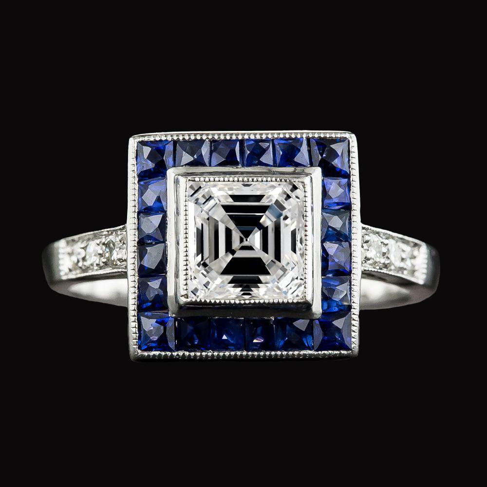 Halo Asscher Diamant & Trapez Blauer Saphir Ring 5 Karat Gold - harrychadent.de