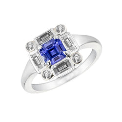 Halo Blue Saphir Ring 3 Karat Lünette Set Baguette & Runde Diamanten
