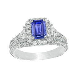 Halo Blue Saphir Ring 3 Steine Stil Smaragd & Diamanten 3,50 Karat