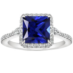 Halo Blue Saphir Ring 6 Karat Princess Cut mit Diamantakzenten