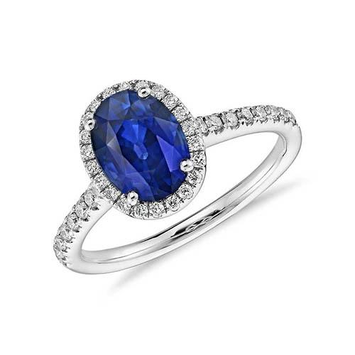 Halo Blue Saphir und Aus der Erde Abgebauter Natürlicher Diamant Verlobungsring 2.25 Karat Gold 14K