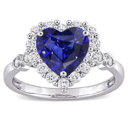 Halo Blue Sapphire Heart & Runden Aus der Erde Abgebauter Natürlicher Diamant Ring 4,50 Karat 14K Gold