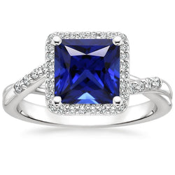 Halo Ceylon Saphir & Diamant Ring 6 Karat Princess Cut mit Akzenten