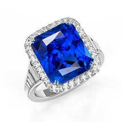 Halo Ceylon Saphir Radiant Shaped Ring 5 Karat Baguette Aus der Erde Abgebauter Natürlicher Diamanten