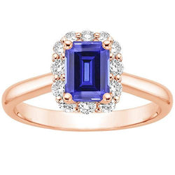 Halo Ceylon Saphir Smaragd & Aus der Erde Abgebauter Natürlicher Diamant Ring für Damen aus Roségold 4 Karat