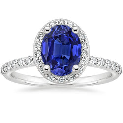Halo Ceylon Saphirring Ovalschliff & runde Aus der Erde Abgebauter Natürlicher Diamanten 3,25 Karat