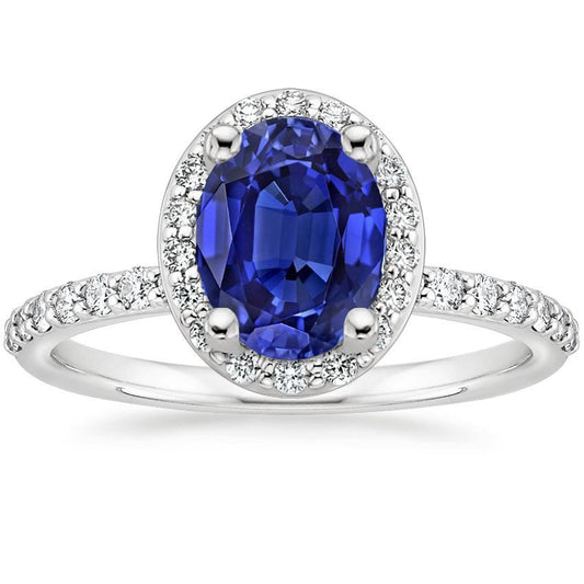 Halo Ceylon Saphirring Ovalschliff & runde Diamanten 3,25 Karat - harrychadent.de