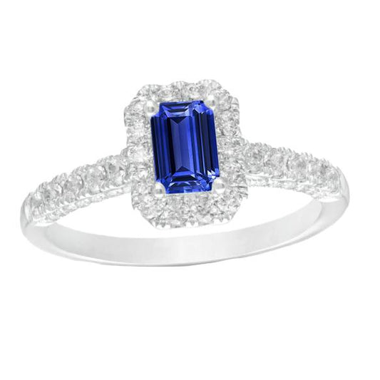 Halo Ceylon Saphirring Smaragdschliff & Diamanten 3,50 Karat - harrychadent.de