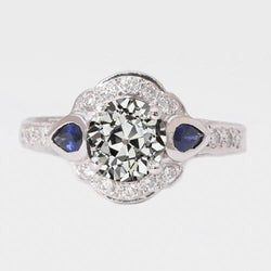 Halo Damenring Runder Altschliff Aus der Erde Abgebauter Natürlicher Diamant & Birnenblaue Saphire 3 Karat