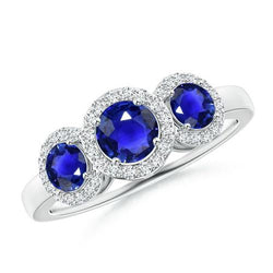 Halo Aus der Erde Abgebauter Natürlicher Diamant 3 Stone Style Ceylon Saphir Ring 4,50 Karat Weißgold