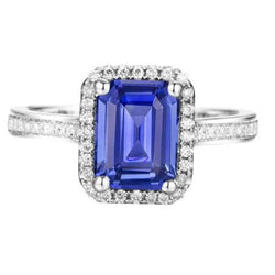 Halo Aus der Erde Abgebauter Natürlicher Diamant Blauer Saphir Ehering Smaragdschliff 3,50 Karat Gold