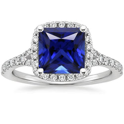 Halo Diamant & Blauer Saphir Ring mit Akzenten V geteilter Schaft 6 Karat