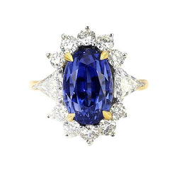Halo Diamant Ceylon Saphir Ring 4,25 Karat Two Tone Sunburst Style