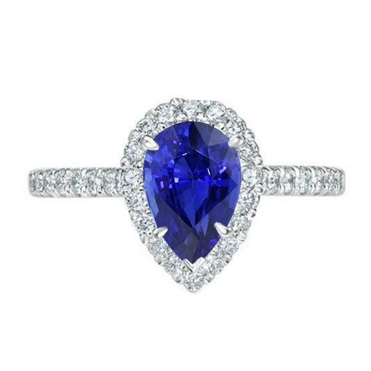 Halo Diamant Jewelry Birnenblauer Saphirring 4 Karat Weißgold 14K - harrychadent.de