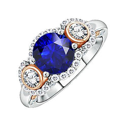 Halo Diamant-Jubiläumsring runder blauer Saphir zweifarbig 3.50 Karat
