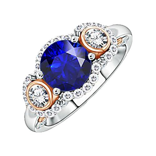 Halo Diamant-Jubiläumsring runder blauer Saphir zweifarbig 3.50 Karat - harrychadent.de