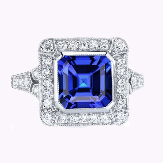 Halo Diamant Saphir Ring Asscher Lünette Set Milgrain Schaft 4 Karat - harrychadent.de