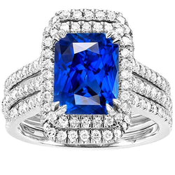 Halo Aus der Erde Abgebauter Natürlicher Diamant-Saphir-Verlobungs-Ehering-Set mit Jacke 5 Karat