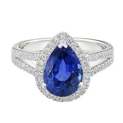 Halo Aus der Erde Abgebauter Natürlicher Diamant-Verlobungsring Birne Ceylon Saphir Split Shank 4 Karat
