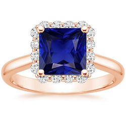 Halo-Aus der Erde Abgebauter Natürlicher Diamant-Verlobungsring aus Roségold mit Ceylon-Saphir 6 Karat
