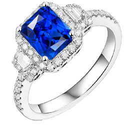 Halo Diamantring 3 Steine Stil Blauer Saphir Mit Akzenten 4,50 Karat