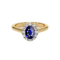 Halo Aus der Erde Abgebauter Natürlicher Diamantring Gelbgold Oval Ceylon Saphir 5,25 Karat