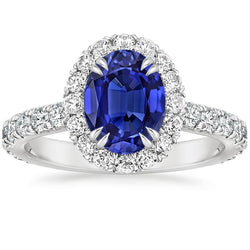 Halo Aus der Erde Abgebauter Natürlicher Diamantring Oval tiefblauer Saphir-Klauen-Zinken-Set 6,50 Karat