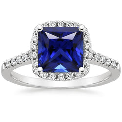 Halo Aus der Erde Abgebauter Natürlicher Diamantring Princess Blue Saphir mit Akzenten 6 Karat Gold 14K