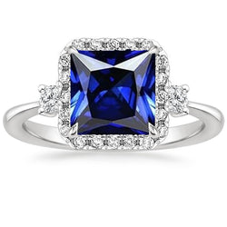 Halo Diamantring Princess Blue Sapphire Center 6 Karat Weißgold