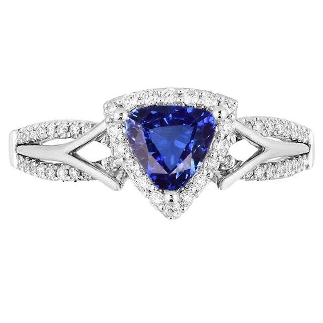 Halo-Diamantring für Damen 3 Karat Billionen blauer Saphir mit geteiltem Schaft - harrychadent.de
