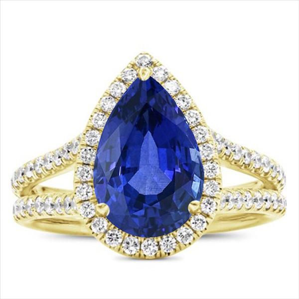 Halo Diamants Ring & Sri Lanka Birnen-Saphir 8 Karat geteilter Schaft - harrychadent.de