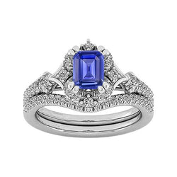Halo Ehering Set Blauer Saphir Pave Split Shank Diamanten 3 Karat