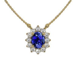 Halo Halskette mit ovalem blauem Saphir und rundem Aus der Erde Abgebauter Natürlicher Diamantanhänger, 3,50 Karat