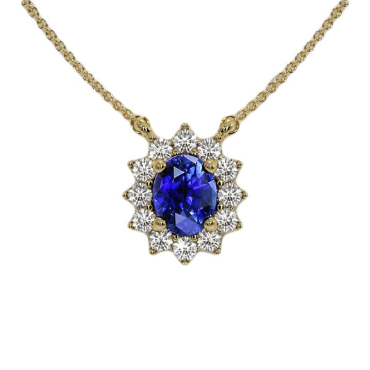 Halo Halskette mit ovalem blauem Saphir und rundem Aus der Erde Abgebauter Natürlicher Diamantanhänger, 3,50 Karat