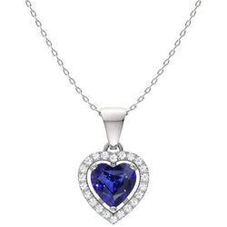 Halo Heart Blauer Saphir & runder Diamantanhänger 2 Karat 14K Gold