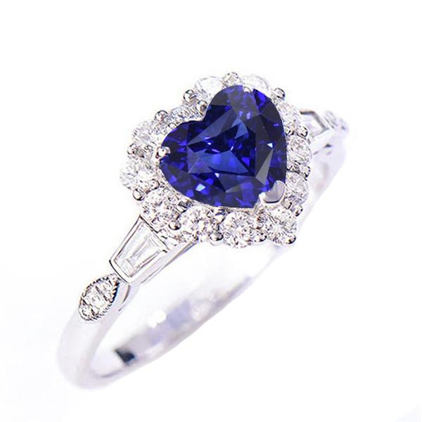 Halo Heart Blauer Saphirring mit Baguette & runden Diamanten 3 Karat - harrychadent.de