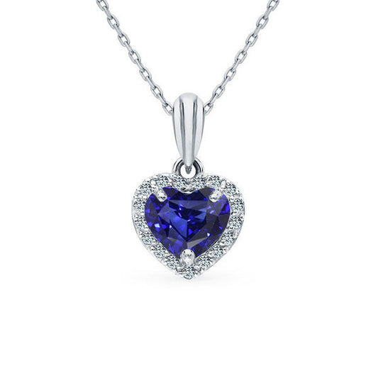 Halo Heart Ceylon Saphir & runder Diamantanhänger mit Kette 2 Karat