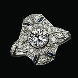 Halo Jubiläumsring Altschliff Runder Aus der Erde Abgebauter Natürlicher Diamant Blauer Saphir 3.75 Karat