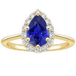Halo Jubiläumsring Birne Ceylon Saphir & Aus der Erde Abgebauter Natürlicher Diamanten 3,50 Karat