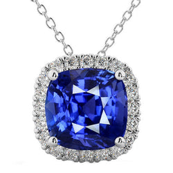 Halo Kissen Blauer Saphir & Aus der Erde Abgebauter Natürlicher Diamant Anhänger Schmuck 10,75 Karat