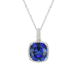 Halo-Kissen Blauer Saphir- und Aus der Erde Abgebauter Natürlicher Diamantanhänger mit 4-Karat-Kette