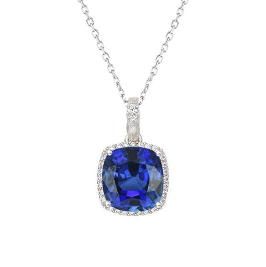 Halo-Kissen Blauer Saphir- und Diamantanhänger mit 4-Karat-Kette