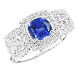 Halo Kissen Blauer Saphirring 3 Karat Damen Aus der Erde Abgebauter Natürlicher Diamantschmuck