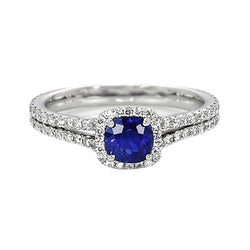 Halo Kissen Ceylon Saphir & Aus der Erde Abgebauter Natürlicher Diamant Verlobungsring Set 3,20 Karat