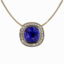 Halo-Kissen-Saphir-Anhänger & runde Aus der Erde Abgebauter Natürlicher Diamant-Lünette, 4,50 Karat