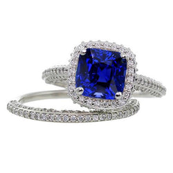 Halo Kissen Saphir Aus der Erde Abgebauter Natürlicher Diamant Verlobungsring Set 4,50 Karat