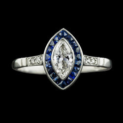 Halo Marquise Altschliff Aus der Erde Abgebauter Natürlicher Diamant & Trapezoid Saphir Ring 3.50 Karat