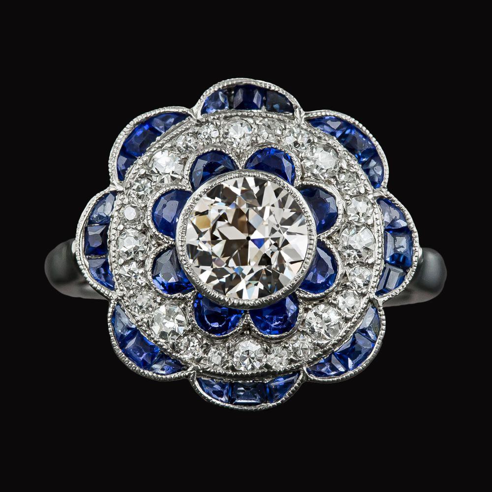 Halo Old Cut Diamant & Blauer Saphir Ring Blumenstil 4.50 Karat - harrychadent.de
