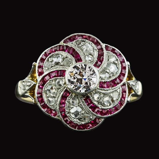 Halo Old Cut Diamant & Trapez Rubin Ring Blumenstil 4 Karat - harrychadent.de