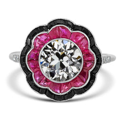 Halo Old Cut Ring Black Onyx & Pink Saphir Flower Style 6 Karat